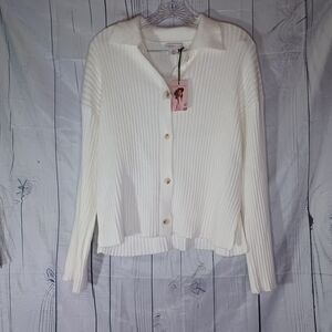 Sincerely Jules Off White Ribbed Button-Up Cardigan NWT